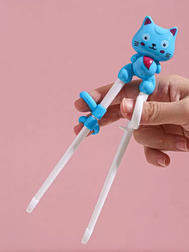 1 יחידה מקלות אכילה לילדים, עזר לחתול מצויר תרגול כלים ניידים לפעוטות - כחול - ראה 2