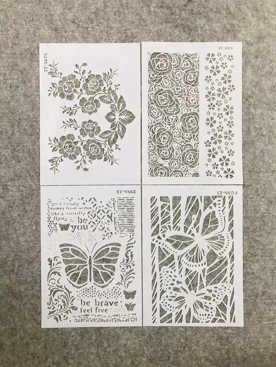 4pcs PET Drawing Stencil, Modern Flower & Butterfly Design Drawing Stencil For Student - White - View 1