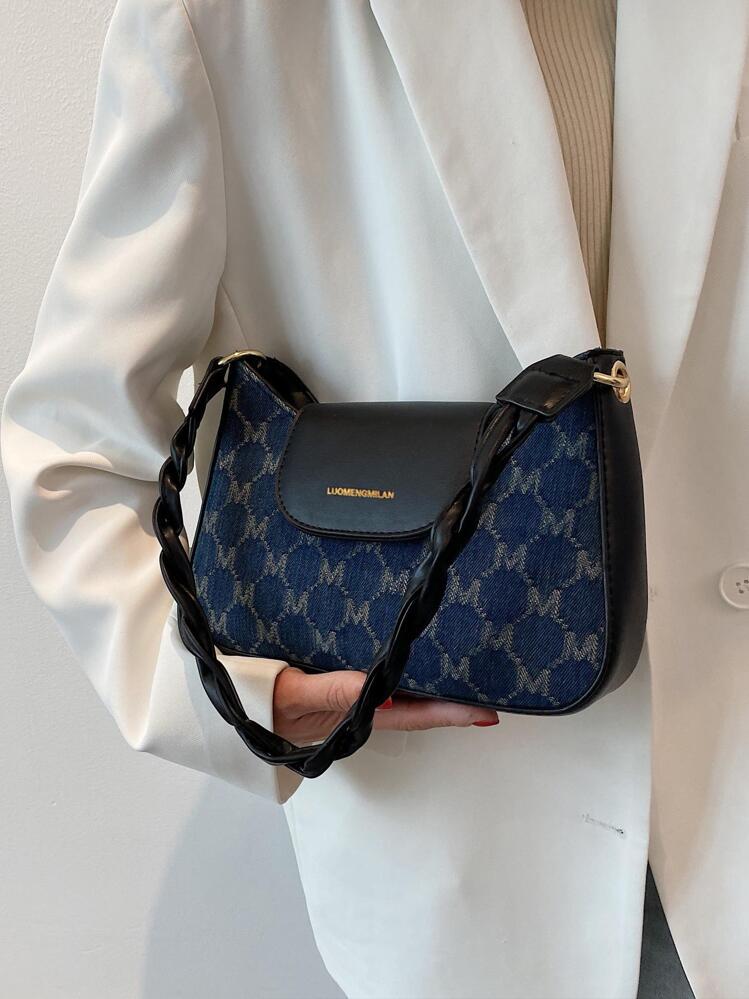 Lightweight,Business Casual Letter Graphic Shoulder Bag For Teen Girls Women College Students,Rookies & White-Collar Workers Perfect For Office,College,Work ,Business,Commute,Outdoors, Travel, Outing Crossbody Bag,Bag Fashion,Vintage Portable - Blue - View 2