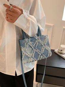 1 件女士纯色蓝色牛仔布手提包，百搭手提包，小众品牌优质单肩斜挎迷你方形包 - 藍色 - 查看 6