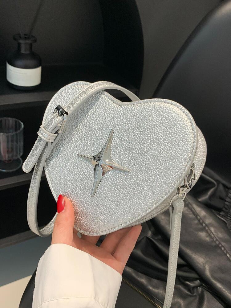 パンクスタイルのメタル装飾サッチェルハンドバッグ、Y2Kハート