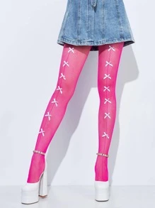 1pc Fuchsia Bow Accent Fishnet Stockings, Sexy Sheer Pantyhose For Women, Thin Summer Style - Rose Red - View 1