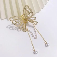 1 Nữ Ngọc Trai Giả Bướm Thiết Kế Vuốt Tóc Thời Trang Trang Trí Tóc - Vàng - Xem 5