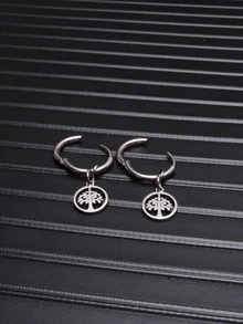 男士樹細節圓形耳墜 - 銀色 - 查看 1