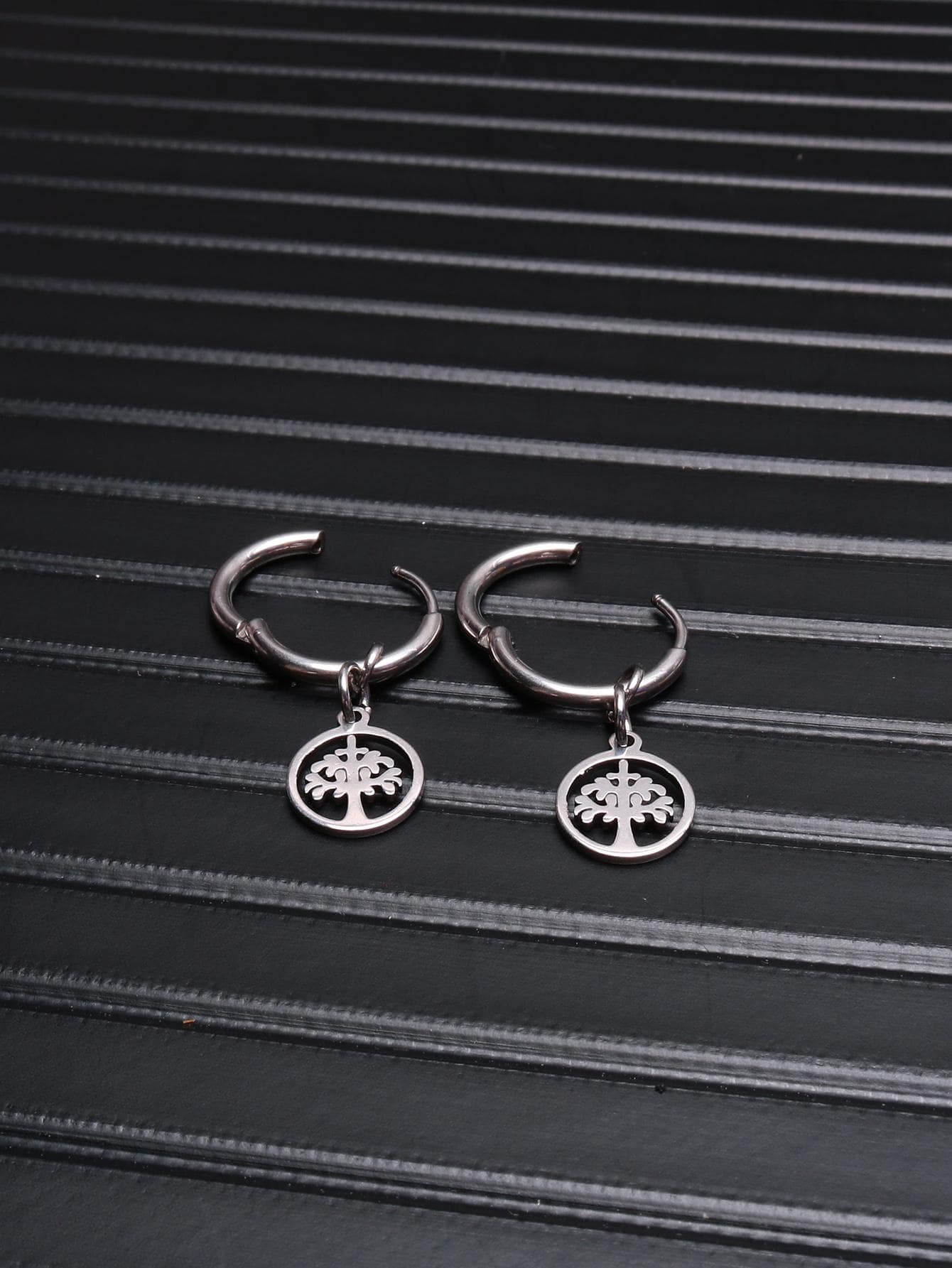 男士樹細節圓形耳墜 - 銀色 - 查看 1