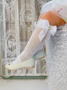 1pair Girls' Pearl Triple Layered Bowknot Solid Color Mesh Socks