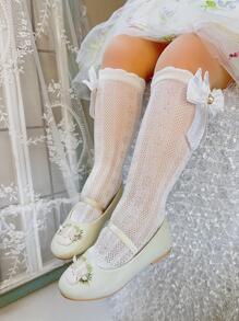1pair Girls' Pearl Triple Layered Bowknot Solid Color Mesh Socks