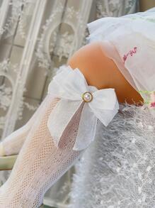 1pair Girls' Pearl Triple Layered Bowknot Solid Color Mesh Socks