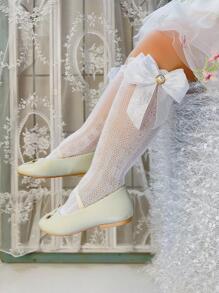1pair Girls' Pearl Triple Layered Bowknot Solid Color Mesh Socks