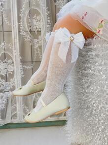 1pair Girls' Pearl Triple Layered Bowknot Solid Color Mesh Socks