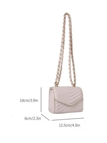 Bolso cuadrado guateado mini de cheurón con solapa con cadena - Beis - Ver 2