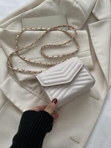 Bolso cuadrado guateado mini de cheurón con solapa con cadena - Beis - Ver 3