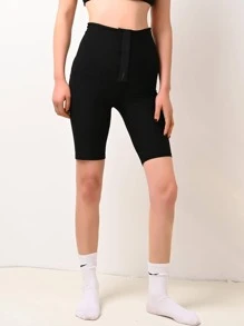 Solid High Waist Cycling Shorts - Black - View 1