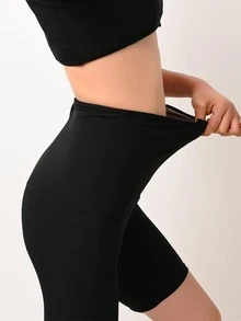 Solid High Waist Cycling Shorts - Black - View 2