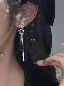 Pendientes largos con diseño de estrella con diamante de imitación - Plateado - Ver 5