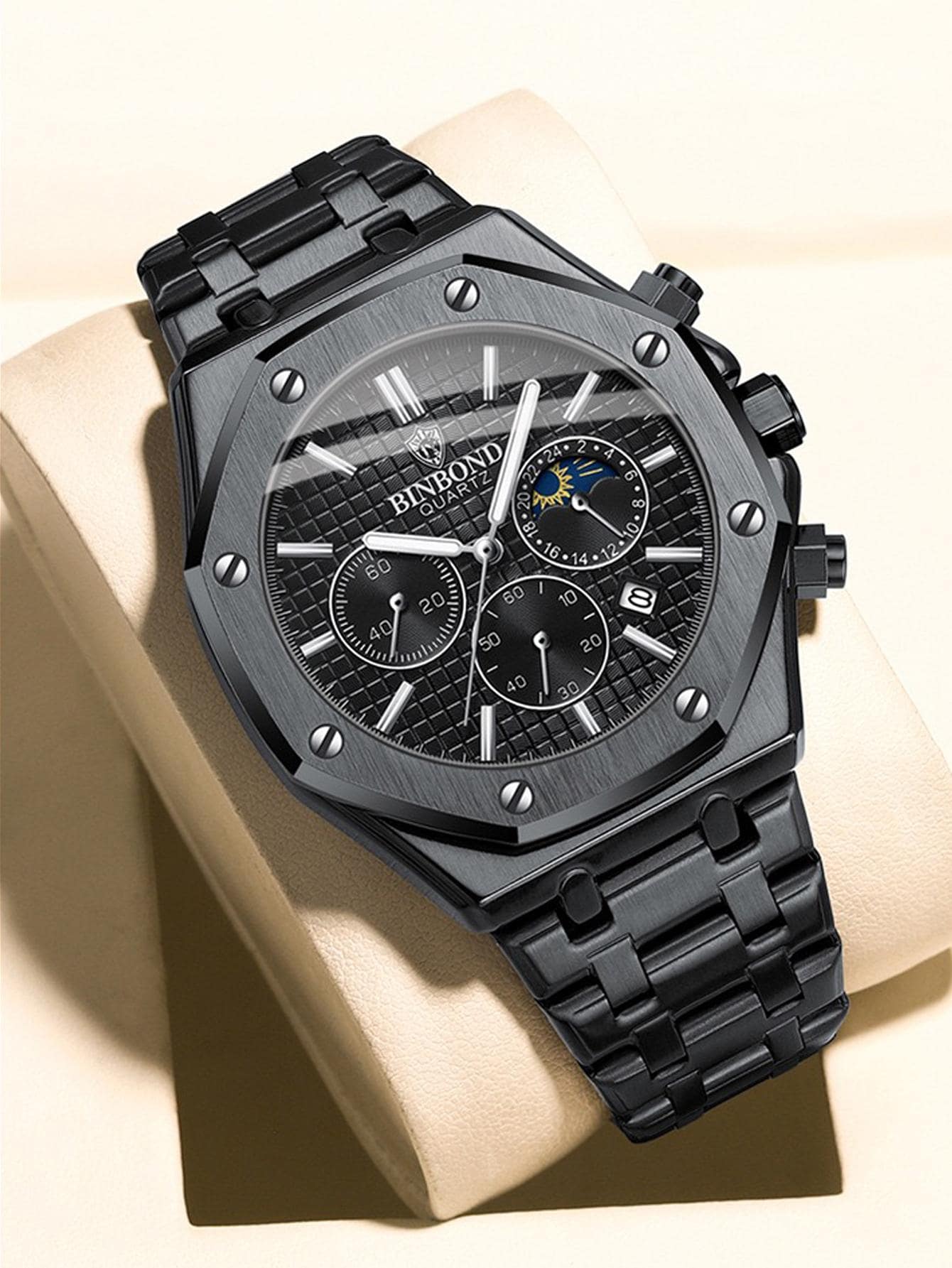 1 Miếng Đen Thép không gỉ Dây đeo Đúng mốt Đồng hồ bấm giờ Hình học Quay số đồng hồ Quartz , Để Trang Trí Hàng Ngày - màu đen - Xem 1