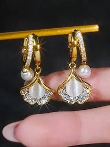 Bông tai thả vỏ trang trí ngọc trai giả - Bạc - Xem 2