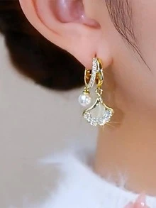 Bông tai thả vỏ trang trí ngọc trai giả - Bạc - Xem 3