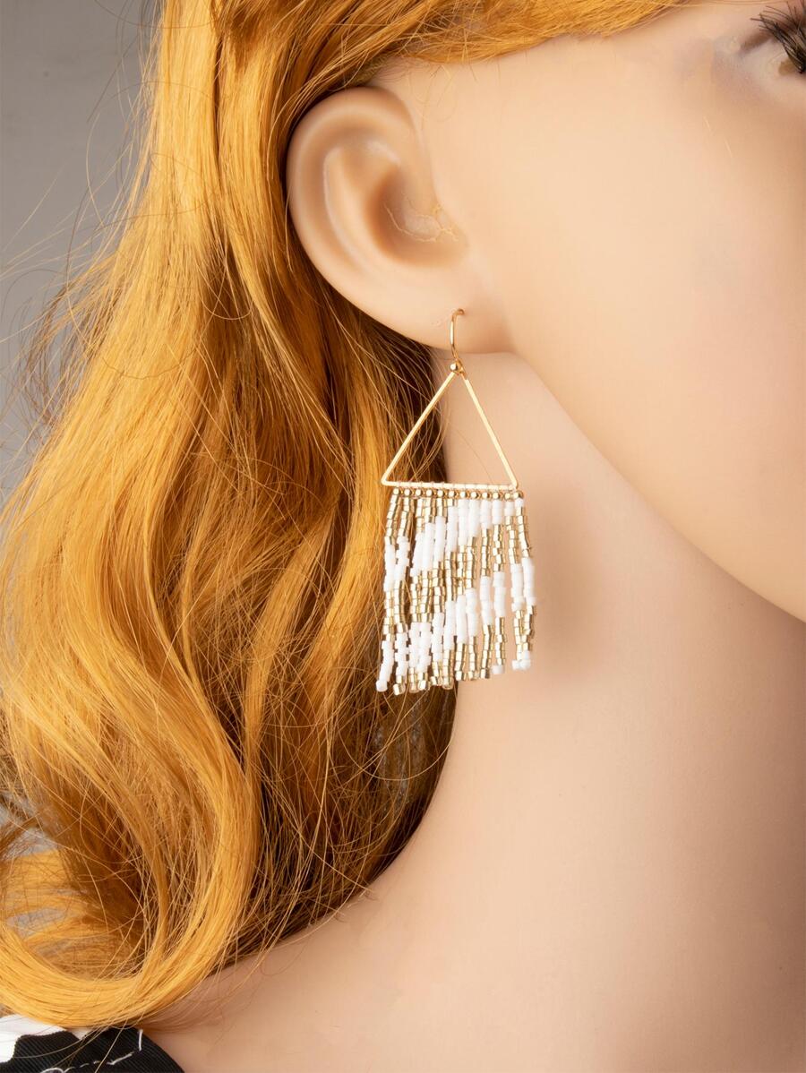 1對時尚玻璃三角形和串珠流蘇裝飾耳墜適合女士適合夏天 - 彩色 - 查看 1