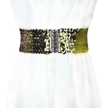 1入組女士彈性閃閃發光腰皮帶帶扣飾適用於時尚洋裝和半身裙搭配 - 金色 - 查看 1