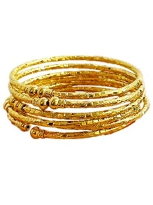 6pcs/Set 3mm Textured Metal Bangle Bracelets, Women - Yellow Gold - View 1