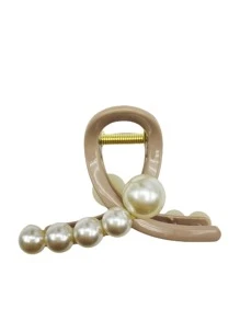 歐美風中碼珍珠髮卡，女性復古優雅髮卡 - 卡其色 - 查看 5