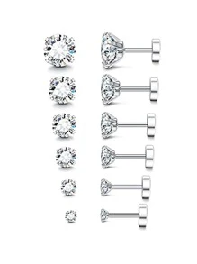 6對/套男士方晶鋯石裝飾耳釘 - 6對裝平底耳釘 - 查看 2