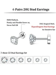 6對/套男士方晶鋯石裝飾耳釘 - 6對裝平底耳釘 - 查看 4