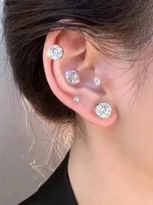 6對/套男士方晶鋯石裝飾耳釘 - 6對裝平底耳釘 - 查看 3