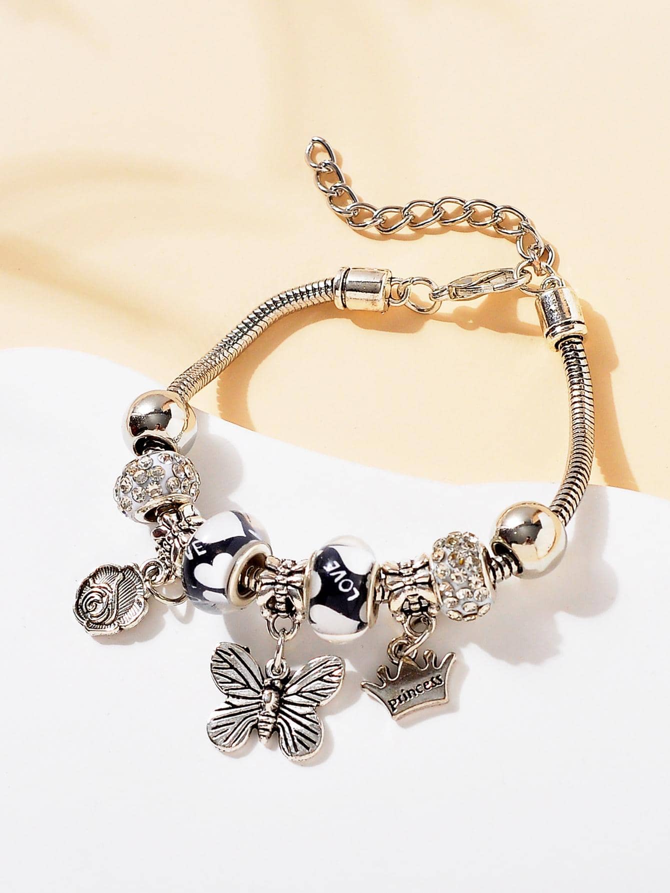 1 chiếc vòng tay sang trọng hình trái tim, động vật, côn trùng, hoa (không có hộp) - Bạc - Xem 1