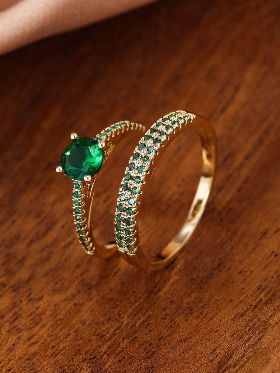 2 cái/bộ Nhẫn Trang Trí Đá Cubic Zirconia - màu xanh lá - Xem 1