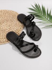 女士極簡腳趾環丁字褲時尚夏天平底涼鞋 - 黑色 - 查看 4