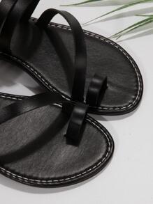 女士極簡腳趾環丁字褲時尚夏天平底涼鞋 - 黑色 - 查看 6