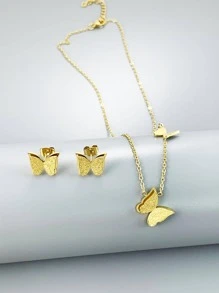 3入組不鏽鋼18K鍍金霧面蝴蝶項鍊和耳環套裝，適合生日/母親節/情人節/約會/跳舞派對/婚禮季/波西米亞度假風格的理想禮物 - 金黃色 - 查看 4