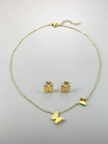 3入組不鏽鋼18K鍍金霧面蝴蝶項鍊和耳環套裝，適合生日/母親節/情人節/約會/跳舞派對/婚禮季/波西米亞度假風格的理想禮物 - 金黃色 - 查看 3