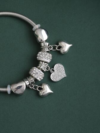 1入組時尚水鑽裝飾愛心掛飾手鐲適合女士適用於約會禮物