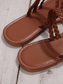 女士編織細節丁字褲度假夏天平底涼鞋 - 鏽棕色 - 查看 7