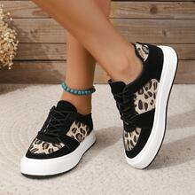 女士豹紋圖案前綁帶滑冰運動戶外仿麂皮運動鞋 - 黑色 - 查看 3