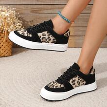 女士豹紋圖案前綁帶滑冰運動戶外仿麂皮運動鞋 - 黑色 - 查看 2
