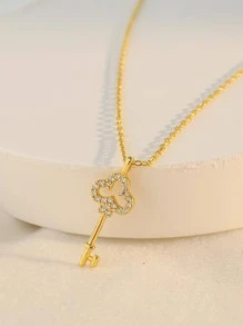 Cubic Zirconia Key Sterling Silver Pendant Necklace - Yellow Gold - View 2