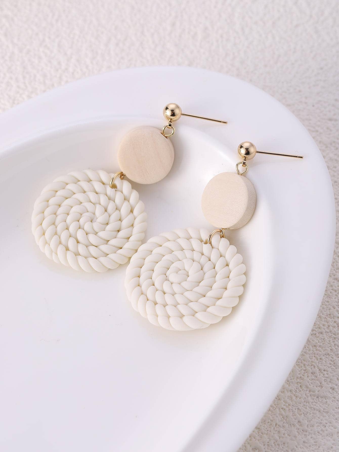 Braided Detail Round Drop Earrings - White - View 1