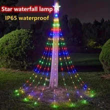 1pc, 198 LED Star Waterfall Lights, Solar Outdoor Camping Light, 8 Modes Indoor Outdoor String Lights For Window Curtain Ornament, Yard, Christmas Tree, Party, Home, Holiday Lights Christmas Decor Christmas Gift Thanksgiving Christmas Tree Decor Ornaments Christmas Light Bedroom Decor Home Decor Party Decor Holiday Festival Room Decor, Outdoor Garden Lighting For Pathway, Yard, Patio