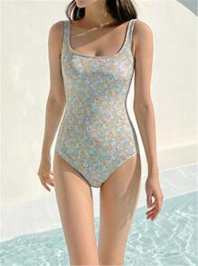 Ditsy Floral Print One Piece Swimsuit Summer - Blue - View 1