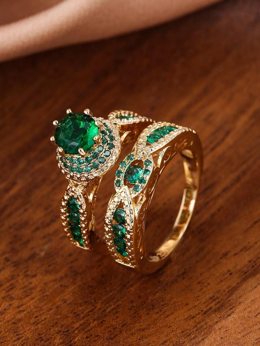 2pcs/set Cubic Zirconia Decor Ring - Green - View 1