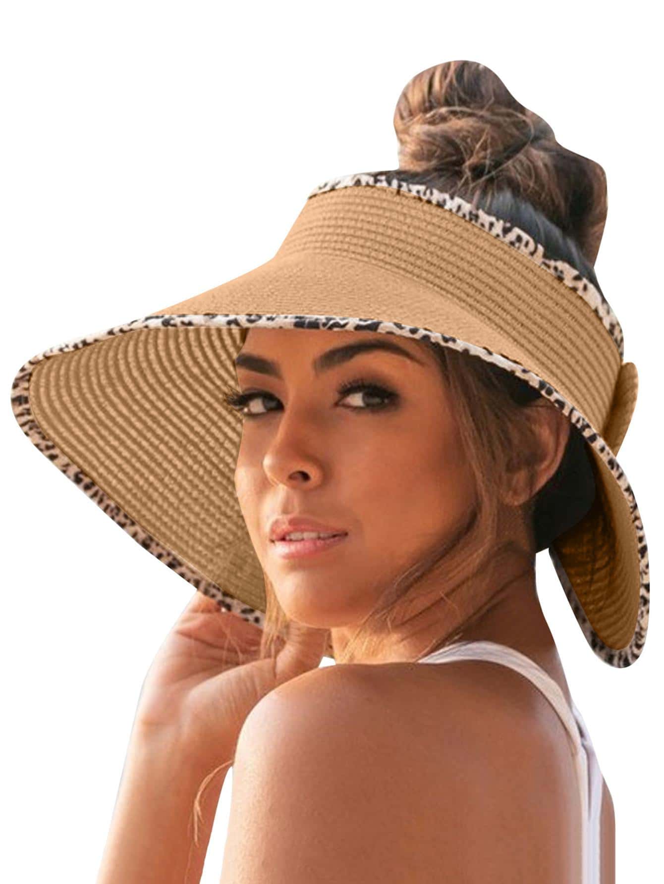 Leopard Pattern Trim Bow Decor Straw Hat - Khaki - View 1