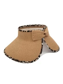 Leopard Pattern Trim Bow Decor Straw Hat - Khaki - View 4