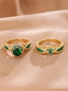 2pcs/set Cubic Zirconia Decor Ring - Green - View 2
