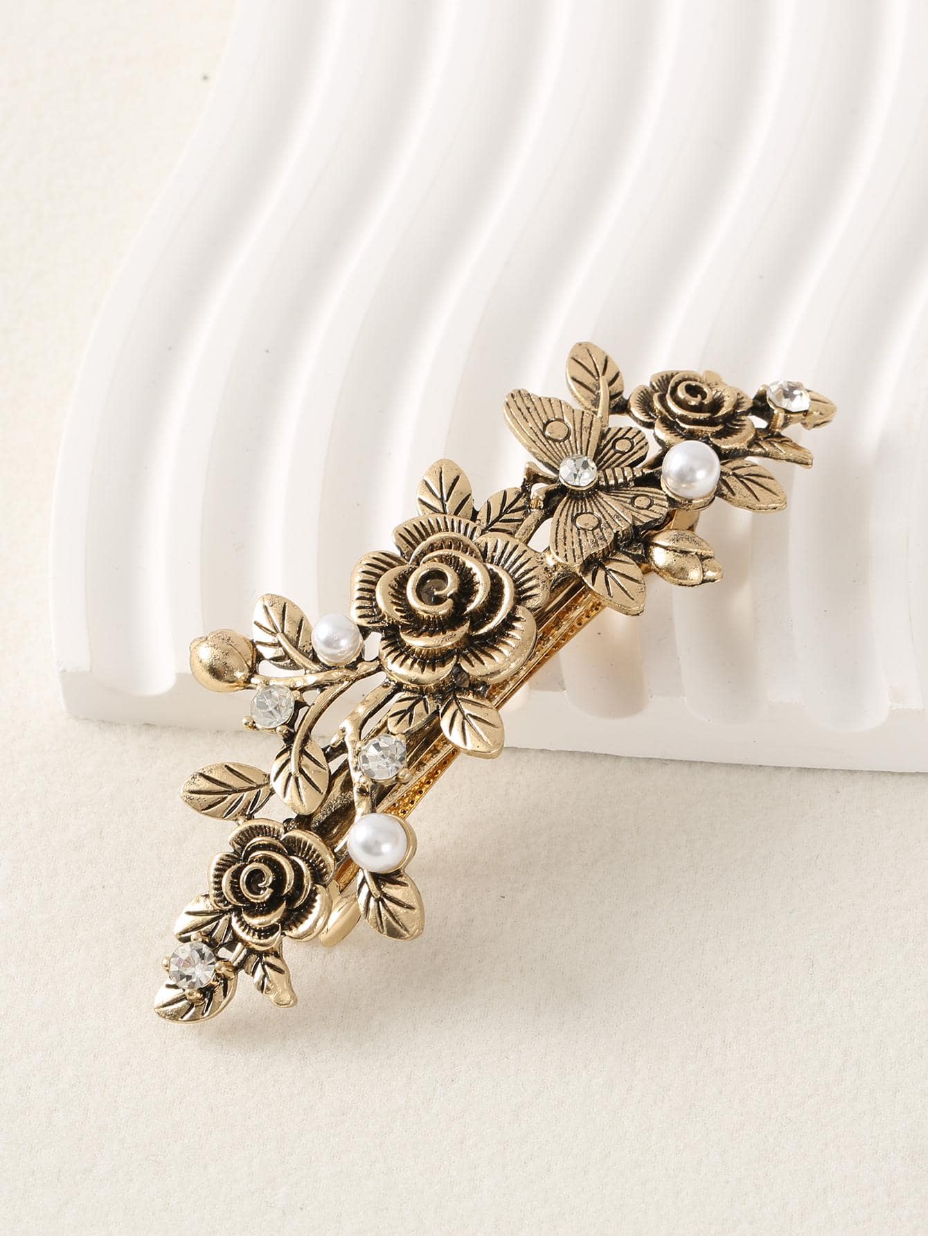 花朵和仿珍珠装饰法式发夹，优雅情人节发夹，爪夹，发卡，发夹，学生用品，珍珠发饰，女士度假装扮，派对造型，头部配饰，发夹 - 銅色 - 查看 1