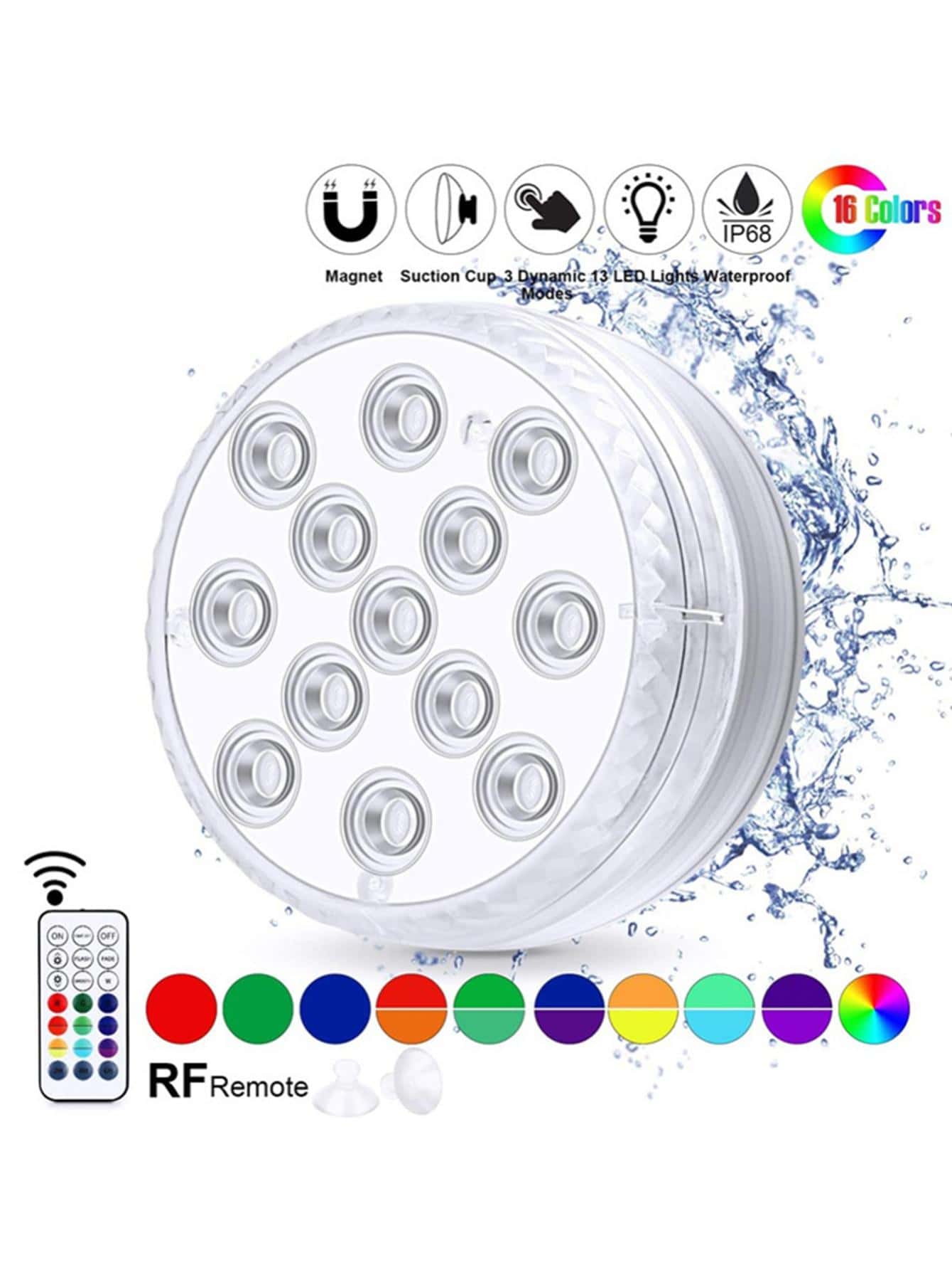 1 pieza PC 13 piezas LED magnético Ventosa sumergible luz impermeable remoto RGB submarino Luz para fiesta - transparente - Ver 1