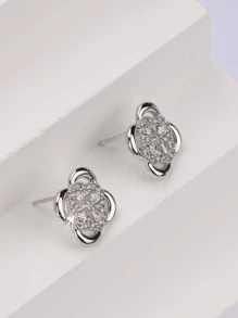 Bông tai đinh tán rhinestone cỏ ba lá - Bạc - Xem 2